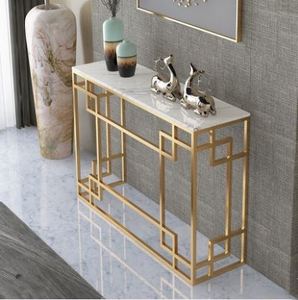Home Furniture Living Room <strong>Rectangle</strong> Side <strong>Tables</strong> Gold Legs Marble Top <strong>Entryway</strong> <strong>Table</strong> Console - Product Image 2