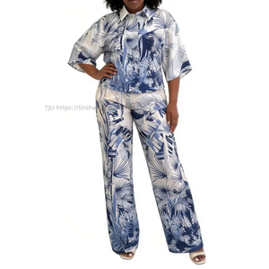 Women's Tropical Print 2 Piece Set - 3/4 Sleeve Button <b>Down</b> Shirt & Wide Leg <b>Pants</b> African Women Sets Fashion - Product Image 5
