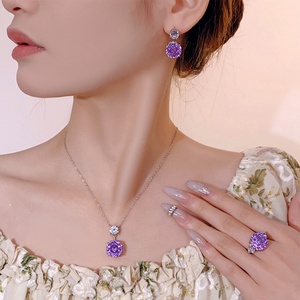 Fashion Eco-friendly Copper 18K Gold Plated Women's Rose Cut 14-12mm Purple Zircon Trendy Banquet Party Jewelry <b>Set</b> Necklace - Product Image 4