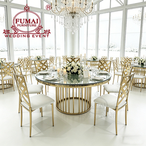 Meubles d'hôtel modernes, tables rondes à plateau en verre et base en acier inoxydable pour événements et banquets en plein air - Product Image 5