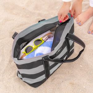 Grand sac de plage rayé pour femmes - Sac fourre-tout durable en maille tissée pour la plage et la <span class=keywords><strong>piscine</strong></span>, idéal pour les escapades à la plage - Product Image 3