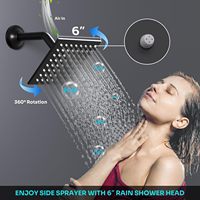 HOMEDEC Ensemble de douche mural carré LED 12 pouces à montage au plafond, avec pommeau de douche pluie, mitigeur 4 voies 6 pouces, douchette à main et 6 jets latéraux, noir