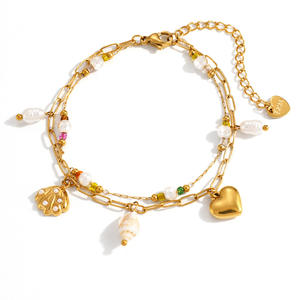 Ocean Theme Stainless Steel <b>Bracelet</b> With Natural Seashells Heart Beads Double Layered Gold Plated Jewelry For Summer Beach Wear - Product Image 5