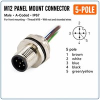 Conector de Panel M12 DIN Personalizado de 5 Pines, Macho, con Brida, Clasificación IP67, Contactos de Aleación de Cobre Chapados en Oro, Arnés de Cableado