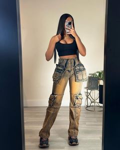 Think 2025 Jeans da donna <span class=keywords><strong>pantaloni</strong></span> in Denim da donna con tasca grande Patchwork a vita alta da donna Jeans <span class=keywords><strong>Cargo</strong></span> da donna in Denim lavato Y2k - Product Image 4
