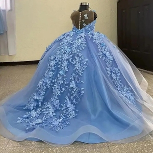 Abiti <span class=keywords><strong>da</strong></span> bambina con fiori blu, personalizzati, con applicazioni <span class=keywords><strong>da</strong></span> piccola principessa, senza maniche, per matrimoni, feste di compleanno, banchetti, comunione - Product Image 1