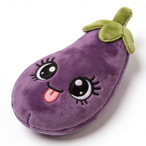 Peluche de berenjena morada con forma de pera, personalizado, con tallo y calice de felpa verde oliva, extremidades moradas a juego. - Product Image 4