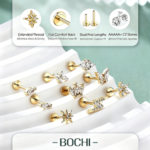 Vente en gros de bijoux de <span class=keywords><strong>piercing</strong></span> hypoallergéniques en titane ASTM F136 plaqué or 18 carats avec zircon, filetage interne, pour labret, hélix et lèvre, 16G - Product Image 2