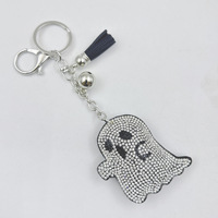 Porte-clés tête de fantôme en velours coréen avec strass, pendentif de sac Halloween européen et américain pour femmes, cadeau emballé individuellement