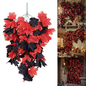 Wan Qiao Artificial Maple Vine 5-Fork Red Black <b>Leaves</b> Harvest Halloween Christmas <b>Decoration</b> Indoor Outdoor Garland - Product Image 1