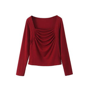 Runqi – haut en tricot plissé à col carré, manches longues, coupe ajustée, couleur rouge bordeaux, vêtement intérieur pour femmes, N9018 - Product Image 1