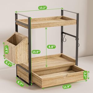 Organisateur de comptoir <span class=keywords><strong>en</strong></span> bois à 2 niveaux CF <span class=keywords><strong>pour</strong></span> cosmétiques, maquillage et produits de soin, avec tiroir, panier et 2 crochets - Product Image 3