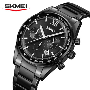 Montre à quartz chronographe SKMEI pour homme, entièrement noire, montre-bracelet sportive en acier inoxydable noir, cadran tachymètre avec date - Product Image 2