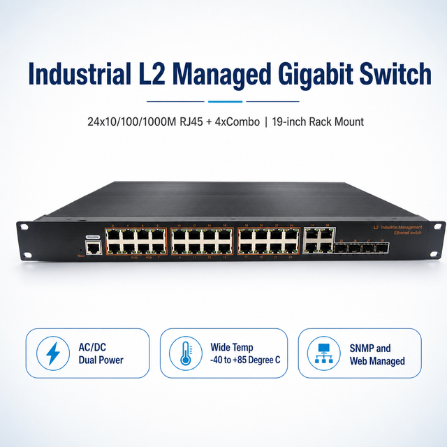 Industrial Rack Mount Managed Gigabit Switch 24 Ports 4 Combo SFP 1U 19 Inch Fanless L2 Ethernet Network Switch