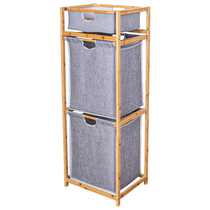 Bamboo Wood <b>Laundry</b> Storage Rack 3 Tier Gray Canvas Clothing Organizer <b>Standing</b> Space Saving - Product Image 2