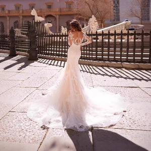 Trailing Lace Wedding Dress Long Sleeves O Neck Slim Fit Fish Tail For Brides Wedding Dress - Product Image 1