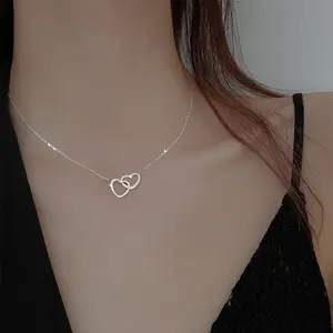 Collier romantique en acier inoxydable, pendentif avec Double cœur croisé, bijoux pour femmes, mignon - Product Image 3