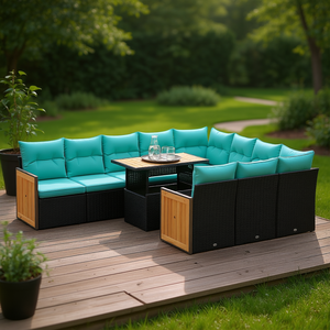 Ensemble de canapés de patio en polyrotin noir et acacia, 11 pièces, mobilier d'extérieur modulaire avec coussins - Product Image 3