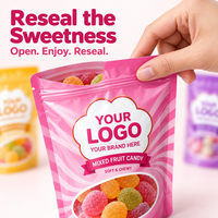 Sachet Doypack en Mylar refermable avec fermeture Ziplock, personnalisable avec logo, en plastique, à faible MOQ pour l'emballage de bonbons et de snacks sous marque privée