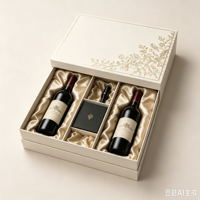 Caja de Regalo para Vino Ecológica Personalizada en Negro y Beige, Diseño Magnético con Relieve, Inserto de EVA y Forro de Seda para 2 Botellas y Accesorios