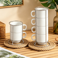 Ensemble de tasses en céramique empilables vierges pour sublimation, 2 ou 4 tasses avec support métallique doré ou argenté, impression personnalisée DIY, tasse à café, emballage en boîte blanche