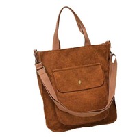 Sac fourre-tout décontracté en velours côtelé pour femme avec motif lettres, grand sac à bandoulière et fermeture éclair pour le shopping