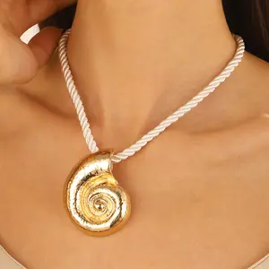 Vintage Jewelry Gold Metal Starfish Necklace Women White Rope Whelk Shaped Pendant Statement Necklace For Beach