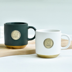 Striped <b>Ceramic</b> Mug With Gold Plated Badge Minimalist Design For Everyday Use - Product Image 2