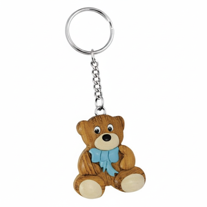 Portachiavi in legno a forma di orsetto mini con fiocco blu, design carino da orsetto per bambini e adulti - Product Image 2
