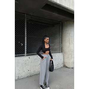 กางเกงลำลองผู้หญิงสีเทาเอวสูงทรงขาบานพร้อมเชือกผูก ระบายอากาศได้ดี ไซส์ 3XL สีวอช - Product Image 2