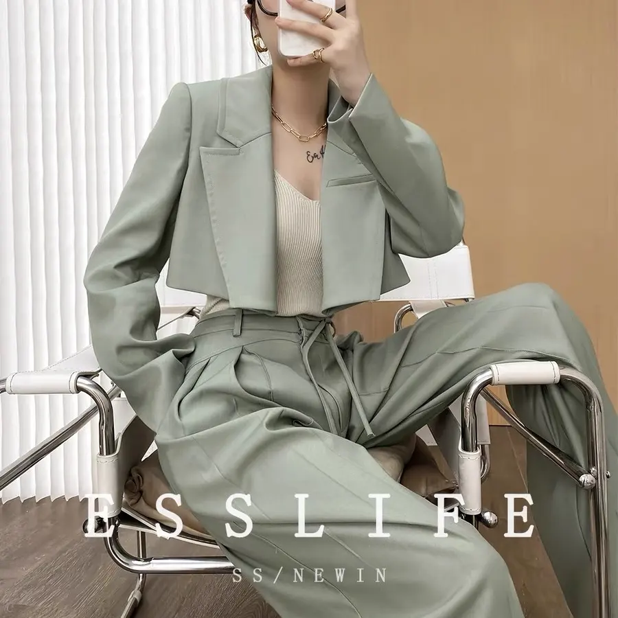 ESSLIFE Original Women's Designers Short Coat Wide-legged pants Fold Fashion Suits Office Business