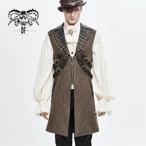 WT051 Áo Gi Lê Len Dài Nam Sọc Phong Cách Steampunk Màu Nâu Thời Trang Phương Tây Có Vòng Da