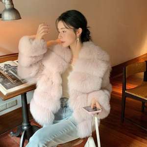 Veste en fourrure de <span class=keywords><strong>renard</strong></span> rose véritable luxueuse pour femmes 2025, réversible, courte, manteau d'hiver, vêtements d'hiver de luxe avec grand col en fourrure - Product Image 4