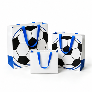 Custom Football Pattern Gift Paper Bag With Blue Handles for Sports Party Favors and Kids Birthday Packaging Paper Bag Wholesale - Product Image 1