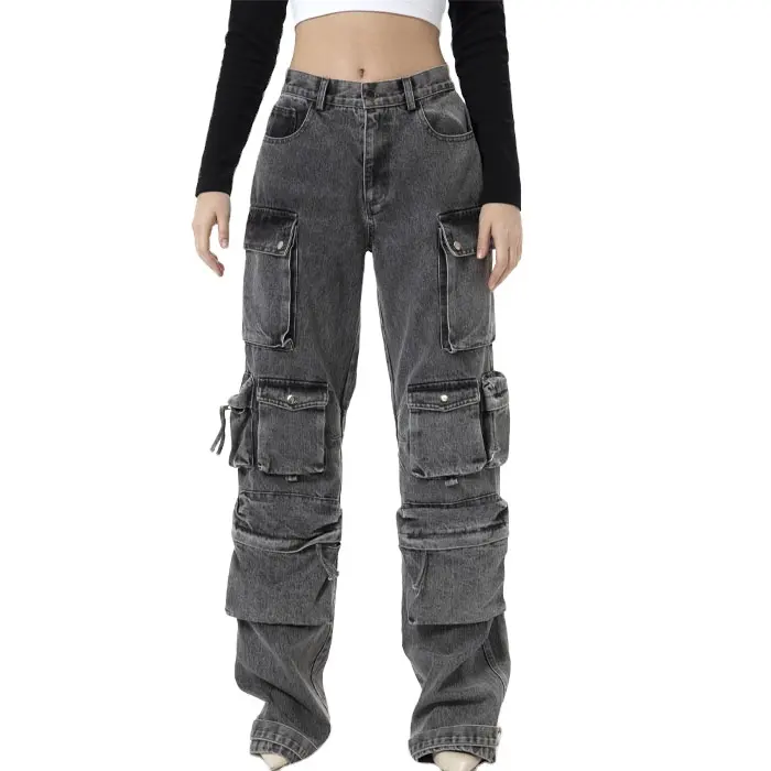 Streetwear gray faded non-stretch denim cargo pants zip fly five pockets styling multi pockets plus size stacked jeans