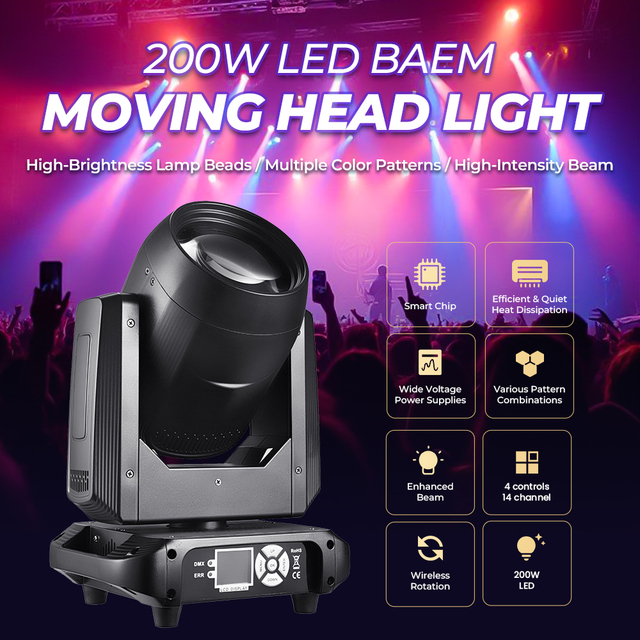 200W LED Moving Head Wash Light for DJ Disco Stage 14 Gobos 9+White Colors RGBW DMX512 Beam 18 Prism 18000 Lumens