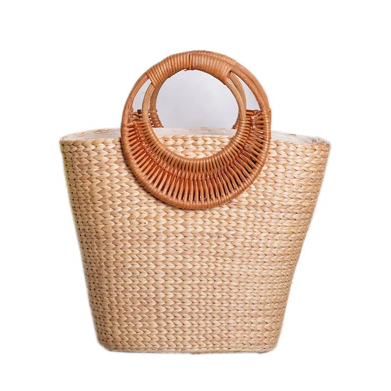 Summer Casual Outdoor Hand Made Natural Straw Hand Basket Bag Women Handbags with Round Rattan Handle