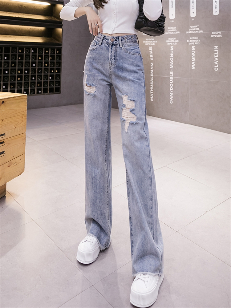 New Arrivals Fashion Loose Light Blue Denim Pants Wide Leg Ripped Jeans For Women