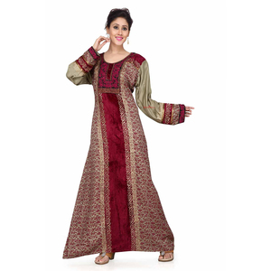 Maroon Designer Kaftan with Fabric Mix N <b>Match</b> Jalabiya Elegant Modest Dress Stylish Printed Panel Design for Women - Product Image 1