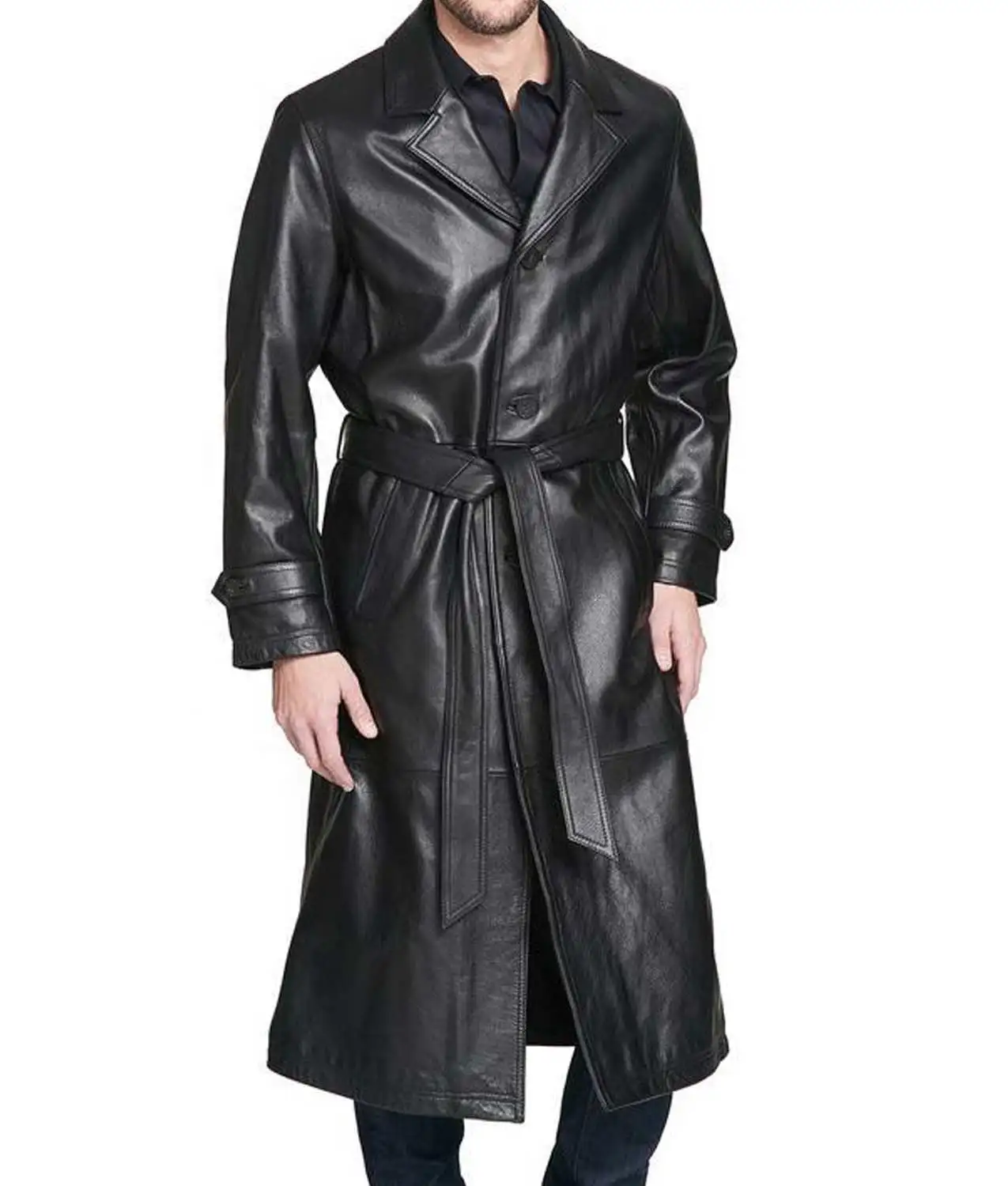 Men's Winter Button Closure Belted Black Leather Trench Coat