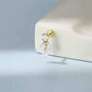 Barre de piercing à dos plat 1.2x6mm simple en argent sterling 925, avec pampille géométrique et zircon, boucle d'oreille à visser, bijou - Product Image 4