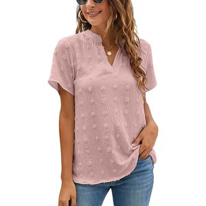 Blusa de gasa para mujer, manga corta, cuello en V, con pompones, camisa informal para el trabajo - Product Image 1
