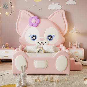 Lit de princesse moderne <span class=keywords><strong>en</strong></span> forme de château, rose pâle, lapin de dessin animé, cadre <span class=keywords><strong>en</strong></span> <span class=keywords><strong>bois</strong></span> créatif, rangement, garde-corps, revêtement <span class=keywords><strong>en</strong></span> cuir pour enfants - Product Image 1