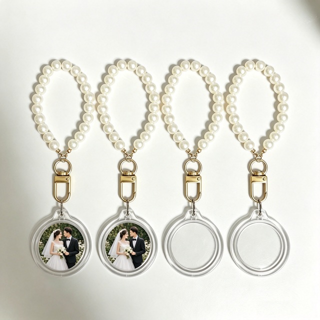 Wedding Favor Acrylic Photo Frame Keychain with Imitation Pearl Strap DIY Picture Frame Key Ring for Party Photo Booth Souvenirs