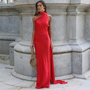 Robe de soirée longue asymétrique à dos nu avec ruban et taille naturelle pour femme - Product Image 2