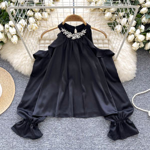 Blusa Vintage de diseño francés para mujer, camisola de manga larga <span class=keywords><strong>con</strong></span> diamantes y estilo tejido <span class=keywords><strong>con</strong></span> hombros descubiertos - Product Image 2