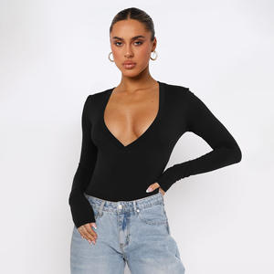 Vendita calda moda Y2K t-shirt Slim da donna Sexy <span class=keywords><strong>scollo</strong></span> <span class=keywords><strong>profondo</strong></span> traspirante in cotone bianco manica lunga tinta unita stile Casual - Product Image 4