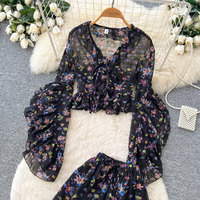 Ensemble jupe deux pièces imprimé style vacances à la française pour femme, manches longues, col en V, manches lanternes, taille froncée, pour l'automne