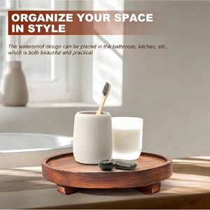 Round Wooden Decorative <b>Tray</b> 7.88inch Varnished <b>Storage</b> Base For Kitchen Bathroom Countertop - Product Image 3