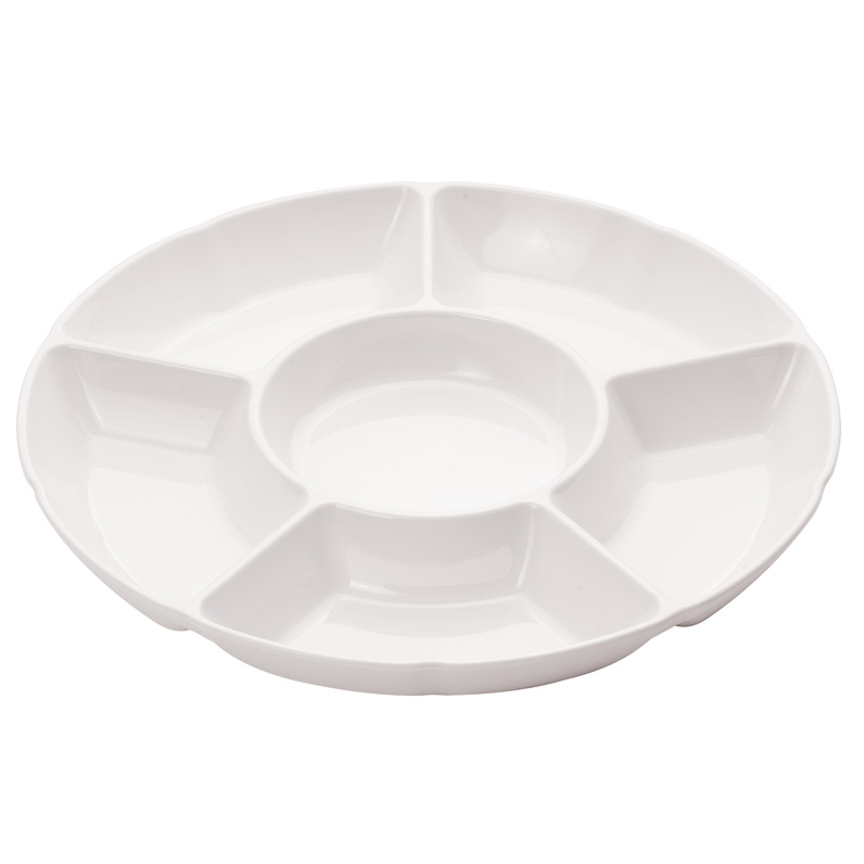 Lot de 2 plateaux de service en mélamine de 25,4 cm avec 5 compartiments, plateau de service divisé pour apéritif, collation, légumes, fruits (blanc